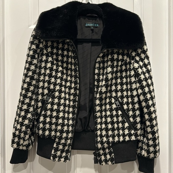 Jocelyn Sherpa faux fur bomber jacket houndstooth with collar size small black - Picture 4 of 9